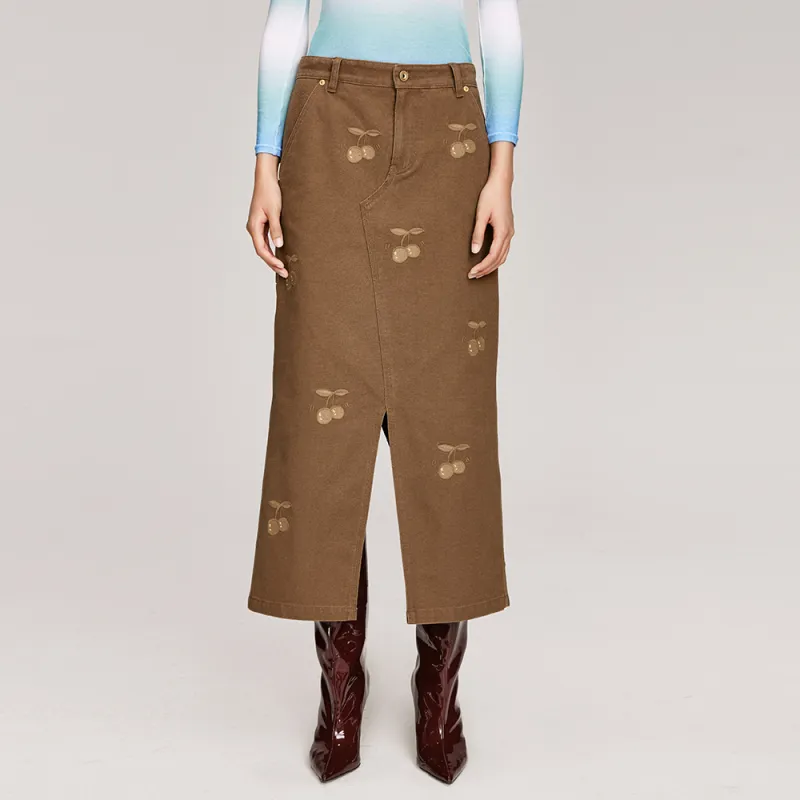 UOOYAA Denim Long Skirt Women's Khaki-2