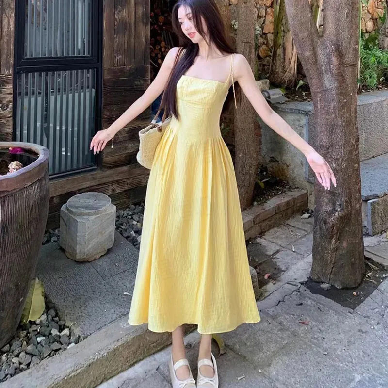 Qiuerle Slip Dresses Women's Yellow-12