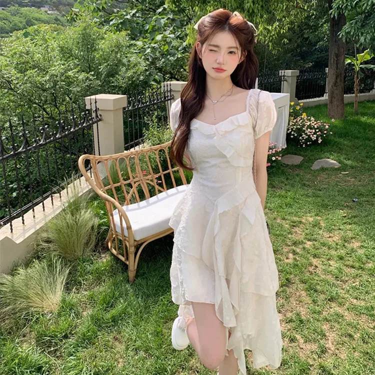 Qiuerle Short Sleeved Dress Women's White-3