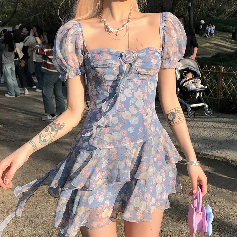 Qiuerle Short Sleeved Dress Women's Blue-5