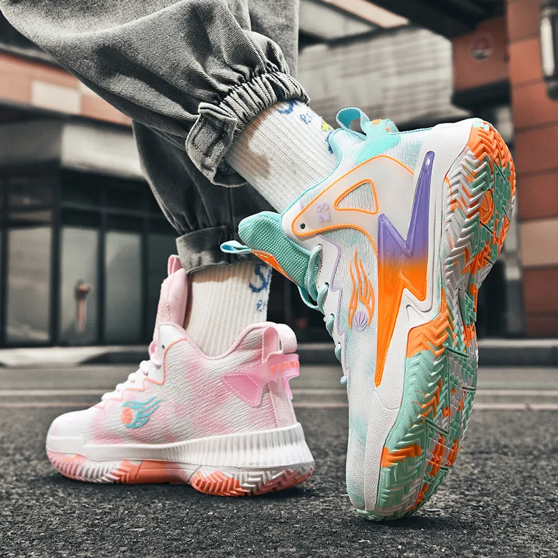 BIANSULONG Anti Slip And Wear Resistant Coverage High Top Basketball Shoes Unisex Pink And Cyan Mismatched-1
