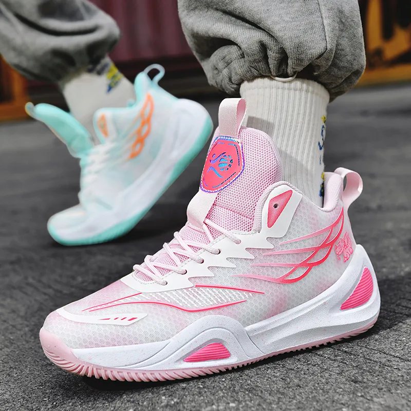 BIANSULONG Shock Absorbers Slip Resistant Breathable High Top Basketball Shoes Unisex Pink Cyan Mismatched-1
