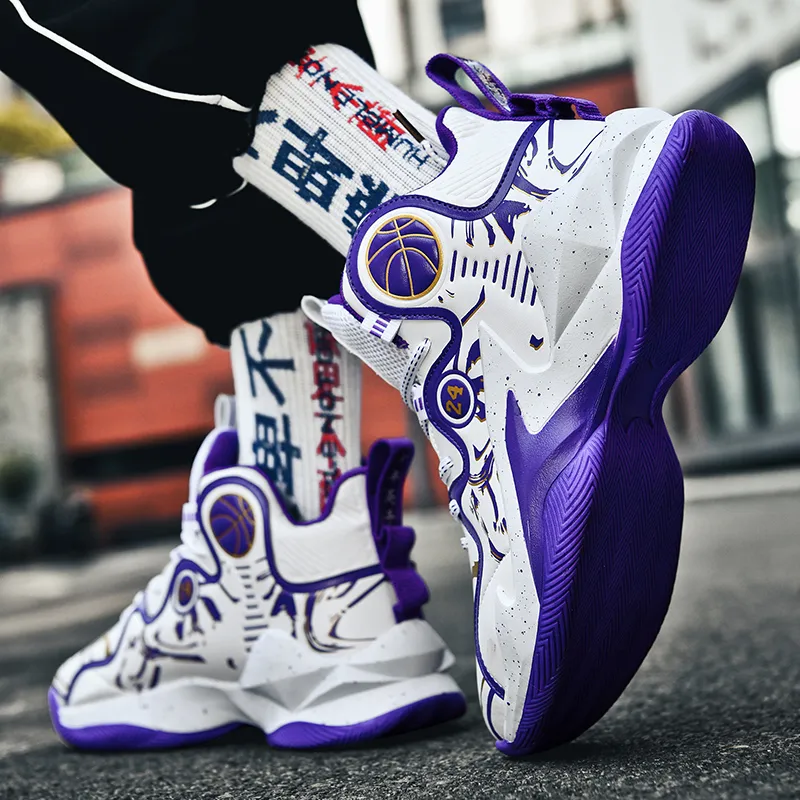 BIANSULONG Anti-Slip And Wear-Resistant Warm High-Top Basketball Shoes Unisex White Purple-2