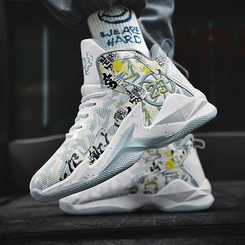 BIANSULONG Anti Slip And Wear Resistant Support High Top Basketball Shoes Unisex White Gray-4