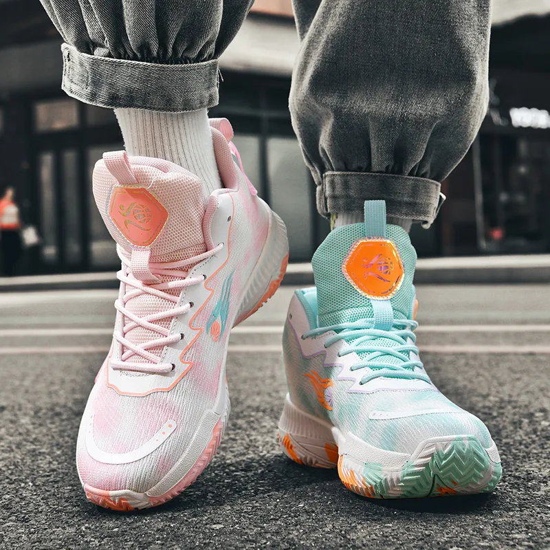 BIANSULONG Anti Slip And Wear Resistant Coverage High Top Basketball Shoes Unisex Pink And Cyan Mismatched-2