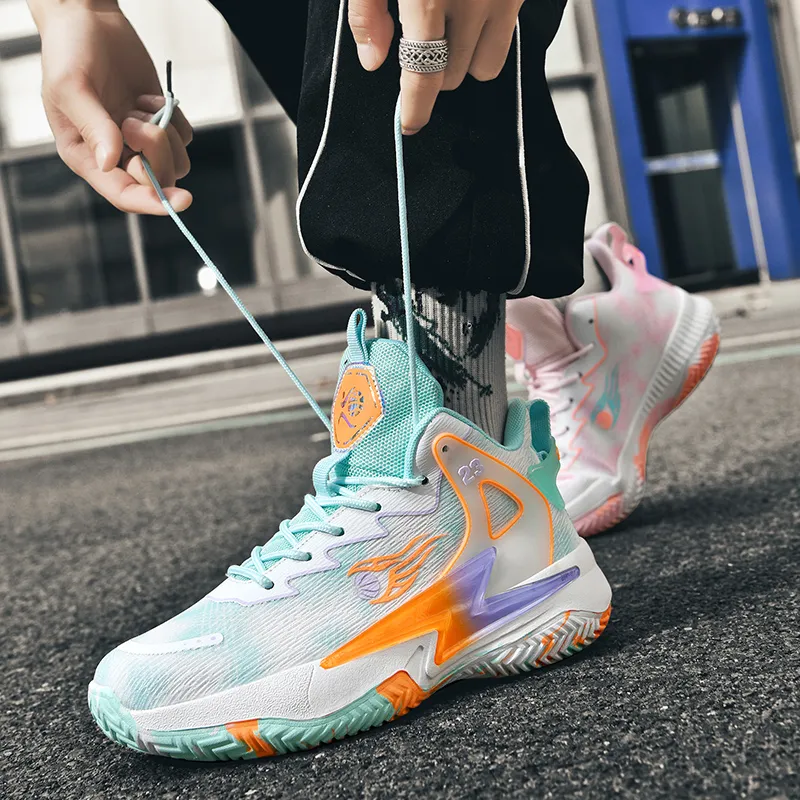 BIANSULONG Anti Slip And Wear Resistant Coverage High Top Basketball Shoes Unisex Pink And Cyan Mismatched-4