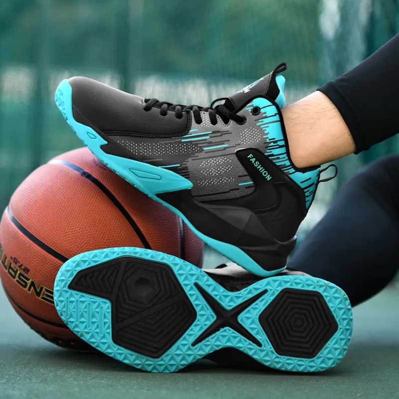 BIANSULONG Anti-Slip And Wear-Resistant Coverage High-Top Basketball Shoes Unisex Black Turquoise-4