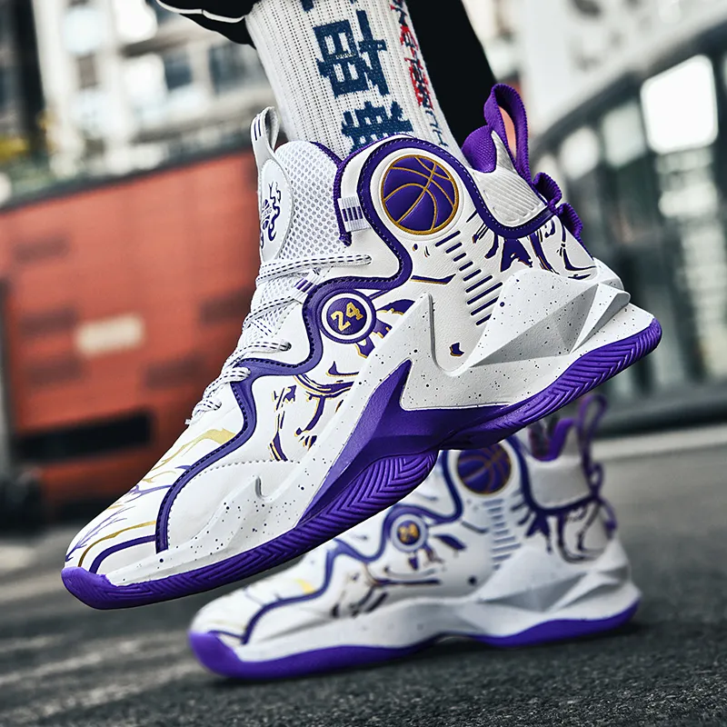 BIANSULONG Anti-Slip And Wear-Resistant Warm High-Top Basketball Shoes Unisex White Purple-4