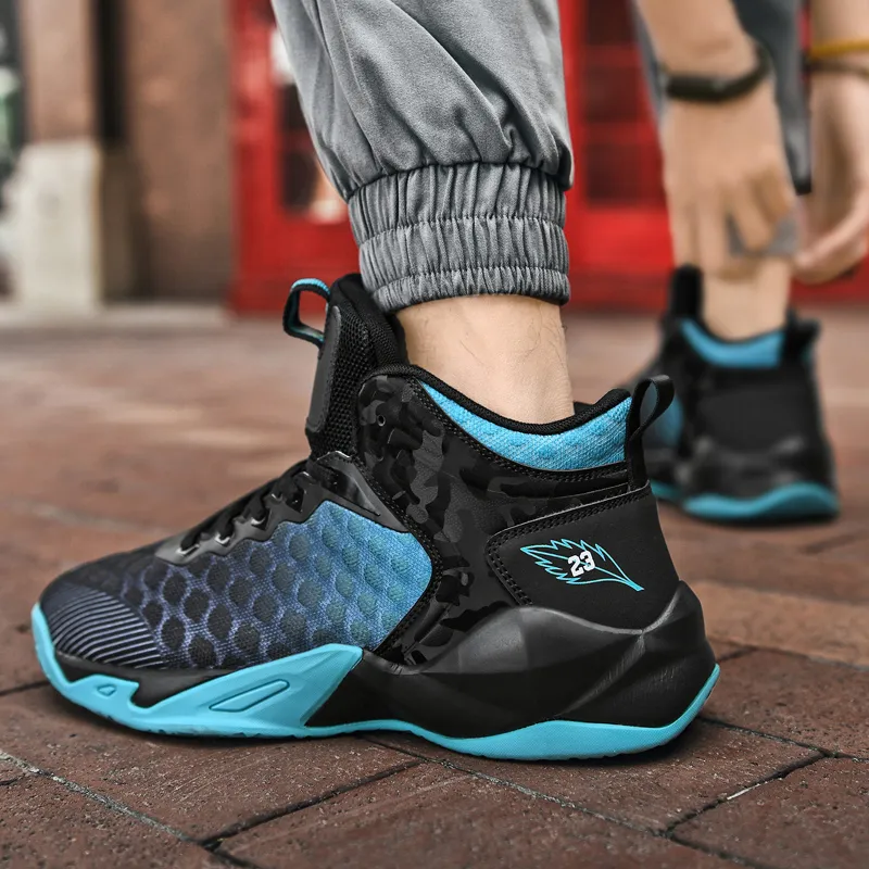 BIANSULONG Cushioned Slip Resistant Abrasion Resistant High Top Basketball Shoes Men's Black Blue-4