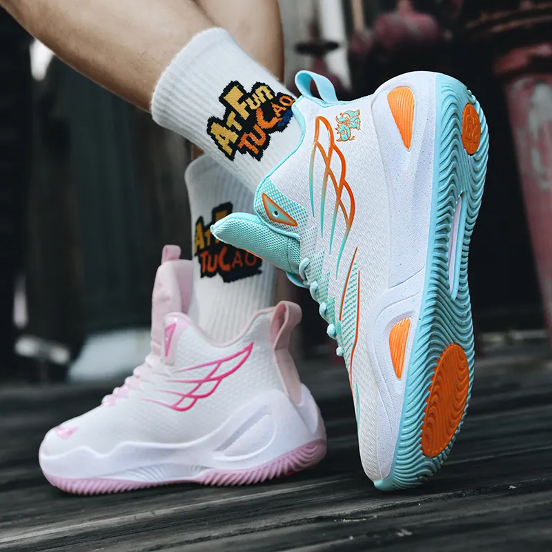 BIANSULONG Cushioned Slip Resistant Abrasion Resistant High Top Basketball Shoes Unisex Pink And Cyan Mismatched-2