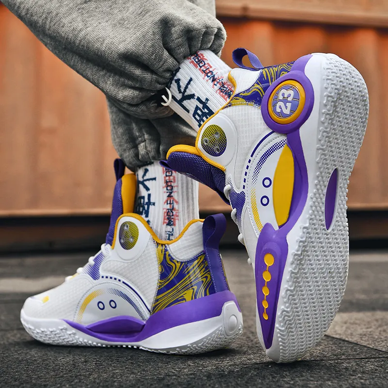 BIANSULONG Cushioned Slip Resistant Abrasion Resistant High Top Basketball Shoes Unisex White Purple-3