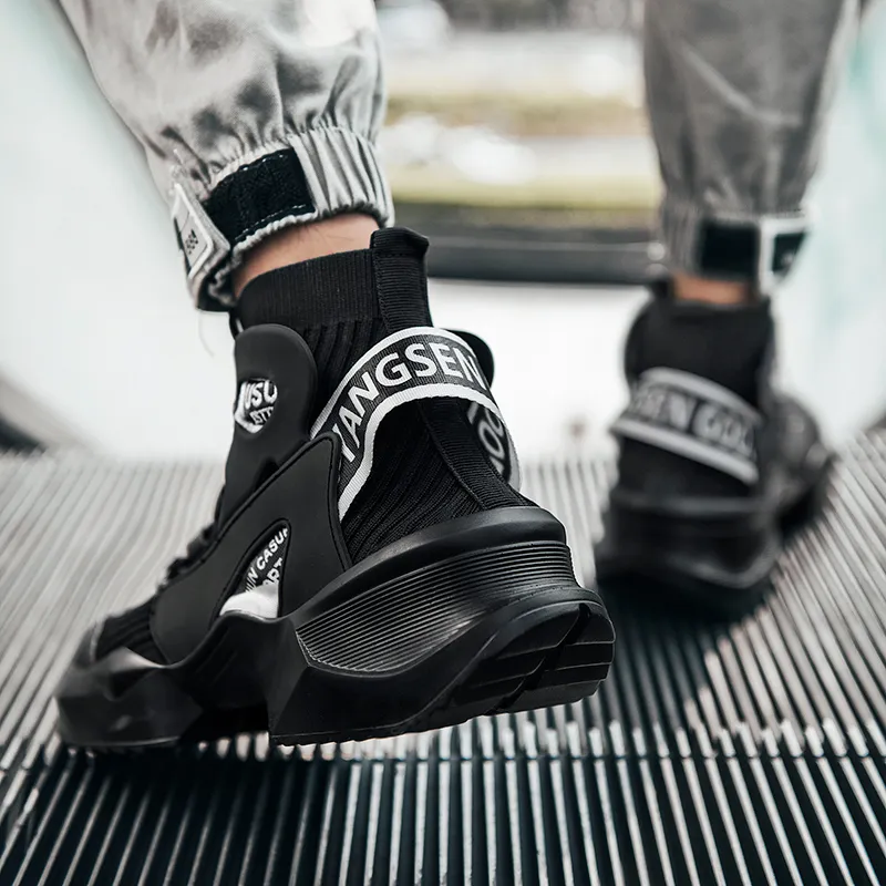 BIANSULONG Slip Resistant Support Height Increasing High Top Chunky Sneakers Unisex Black-4