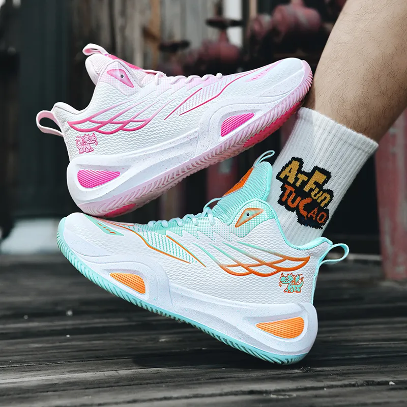 BIANSULONG Cushioned Slip Resistant Abrasion Resistant High Top Basketball Shoes Unisex Pink And Cyan Mismatched-1