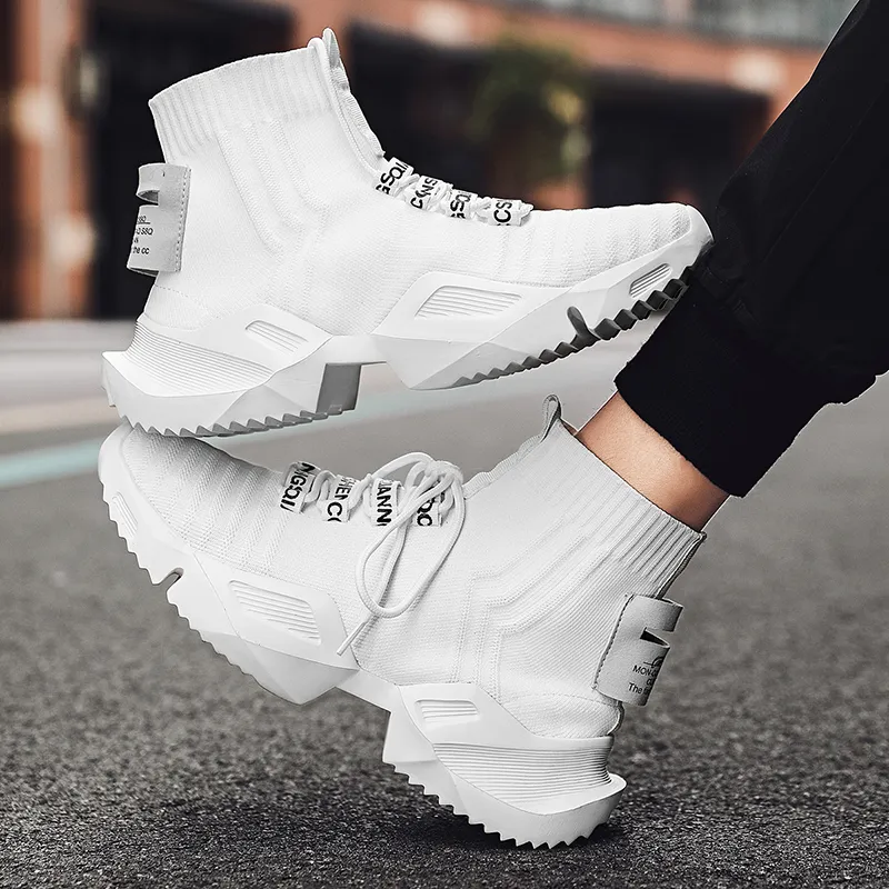BIANSULONG Cushioned Slip Resistant Abrasion Resistant High Top Chunky Sneakers Men's White-2