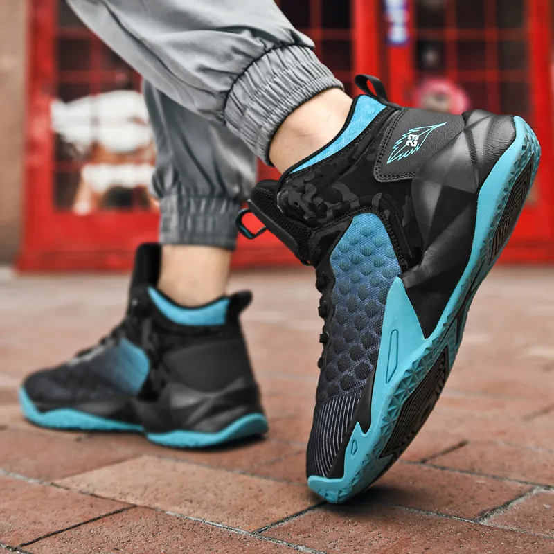 BIANSULONG Cushioned Slip Resistant Abrasion Resistant High Top Basketball Shoes Men's Black Blue-3