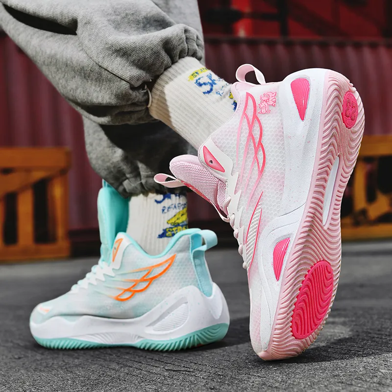 BIANSULONG Shock Absorbers Slip Resistant Breathable High Top Basketball Shoes Unisex Pink Cyan Mismatched-3
