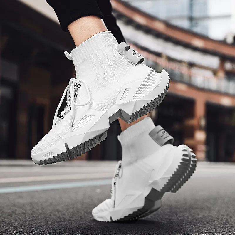 BIANSULONG Cushioned Slip Resistant Abrasion Resistant High Top Chunky Sneakers Men's White-4