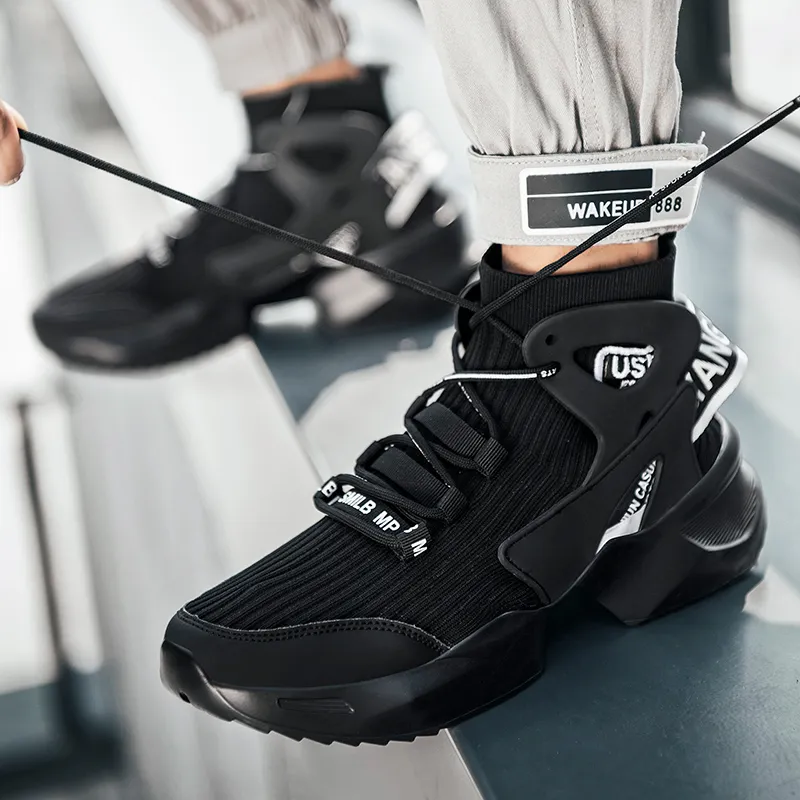 BIANSULONG Slip Resistant Support Height Increasing High Top Chunky Sneakers Unisex Black-3