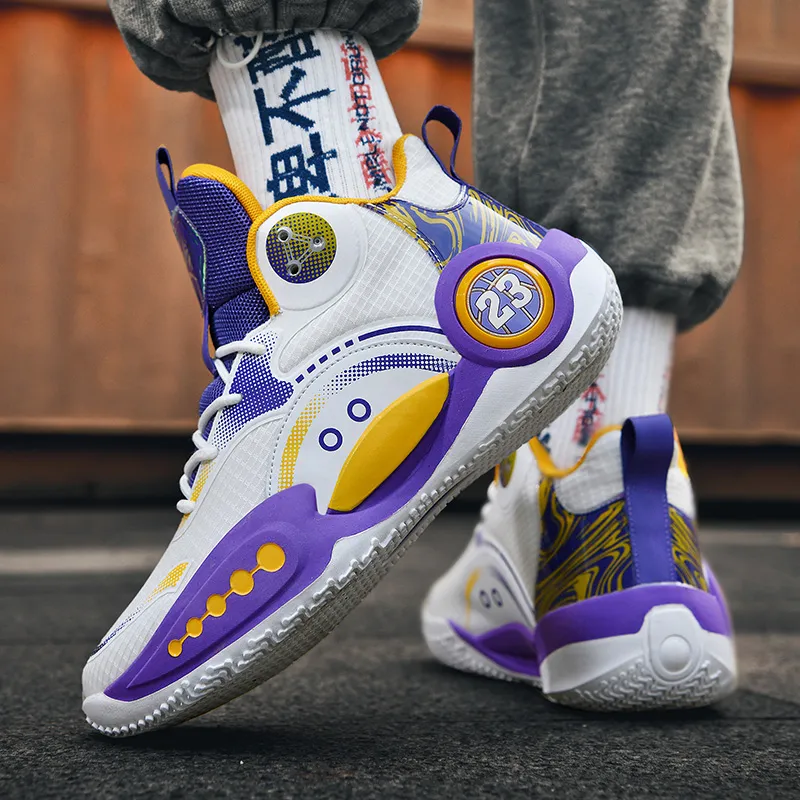 BIANSULONG Cushioned Slip Resistant Abrasion Resistant High Top Basketball Shoes Unisex White Purple-4