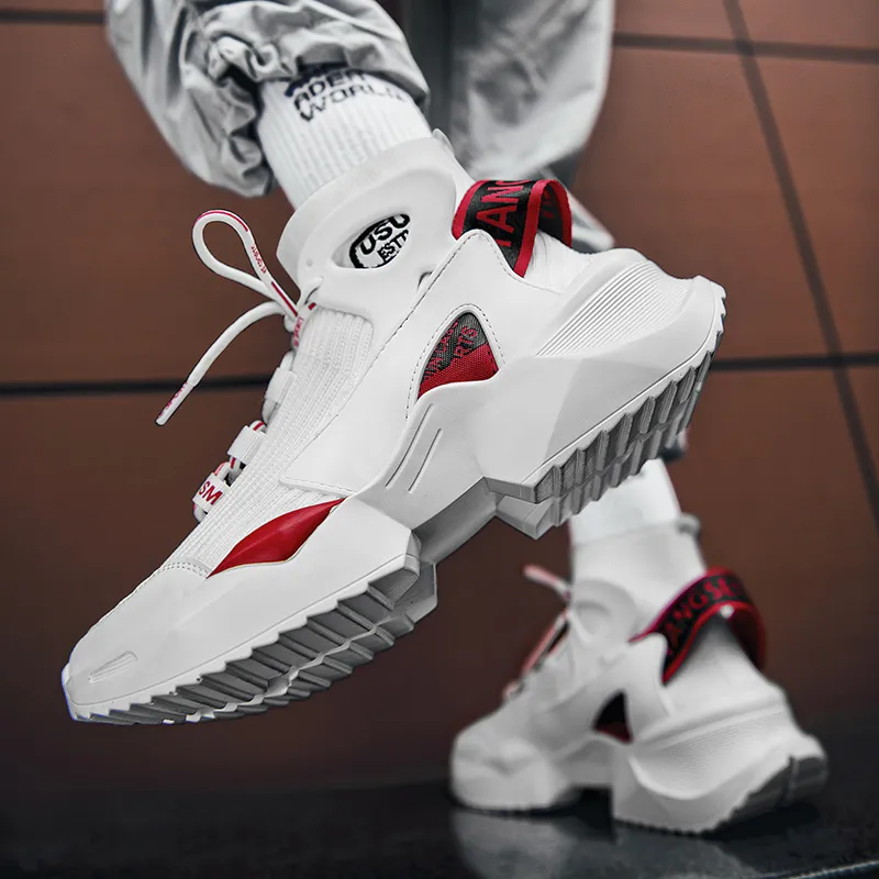 BIANSULONG Slip Resistant Support Height Increasing High Top Chunky Sneakers Unisex White Red-3