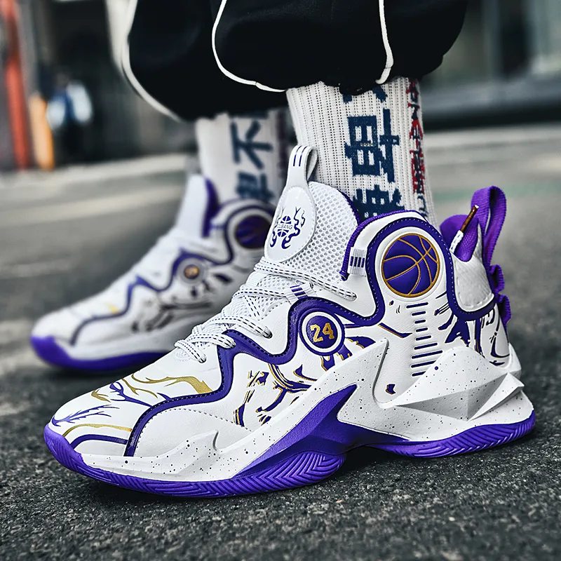 BIANSULONG Anti-Slip And Wear-Resistant Warm High-Top Basketball Shoes Unisex White Purple-3