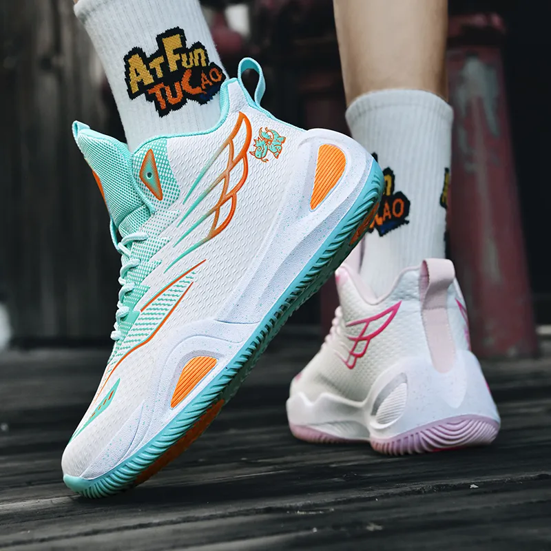 BIANSULONG Cushioned Slip Resistant Abrasion Resistant High Top Basketball Shoes Unisex Pink And Cyan Mismatched-3