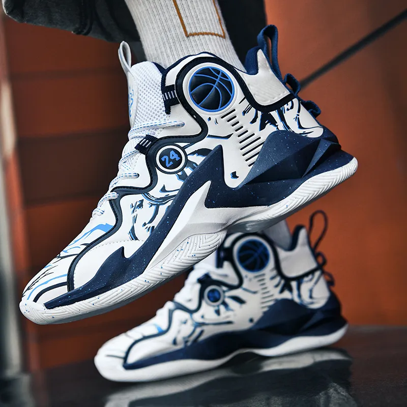 BIANSULONG Anti-Slip Wear-Resistant Lightweight Warm High-Top Basketball Shoes Unisex White Blue-3