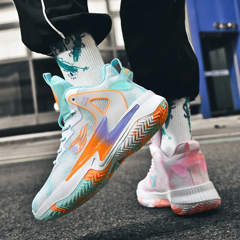 BIANSULONG Anti Slip And Wear Resistant Coverage High Top Basketball Shoes Unisex Pink And Cyan Mismatched-3