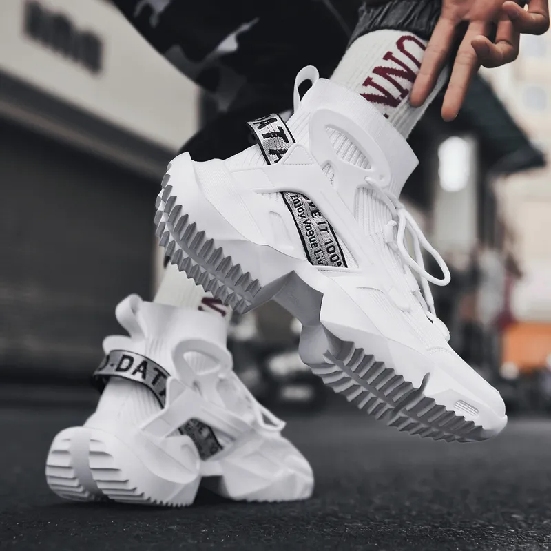 BIANSULONG Cushioning Coverage Height Increasing Slip Resistant High Top Chunky Sneakers Men's White-3