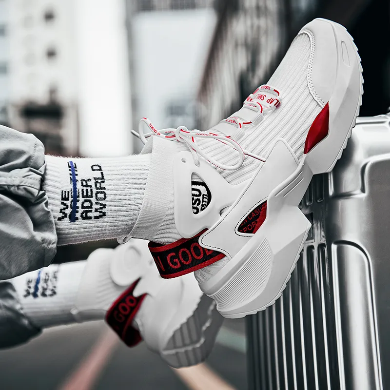 BIANSULONG Slip Resistant Support Height Increasing High Top Chunky Sneakers Unisex White Red-4