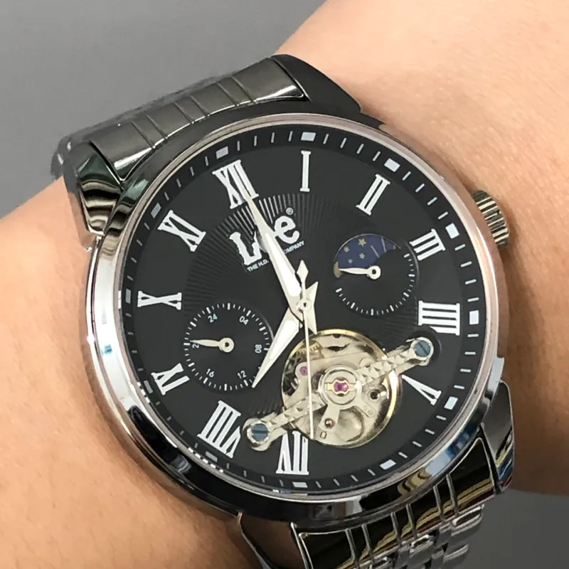 Lee Wrist Watch Automatic Mechanical Movement Steel Strap Black Dial Men's Watches Node Holiday Box-8