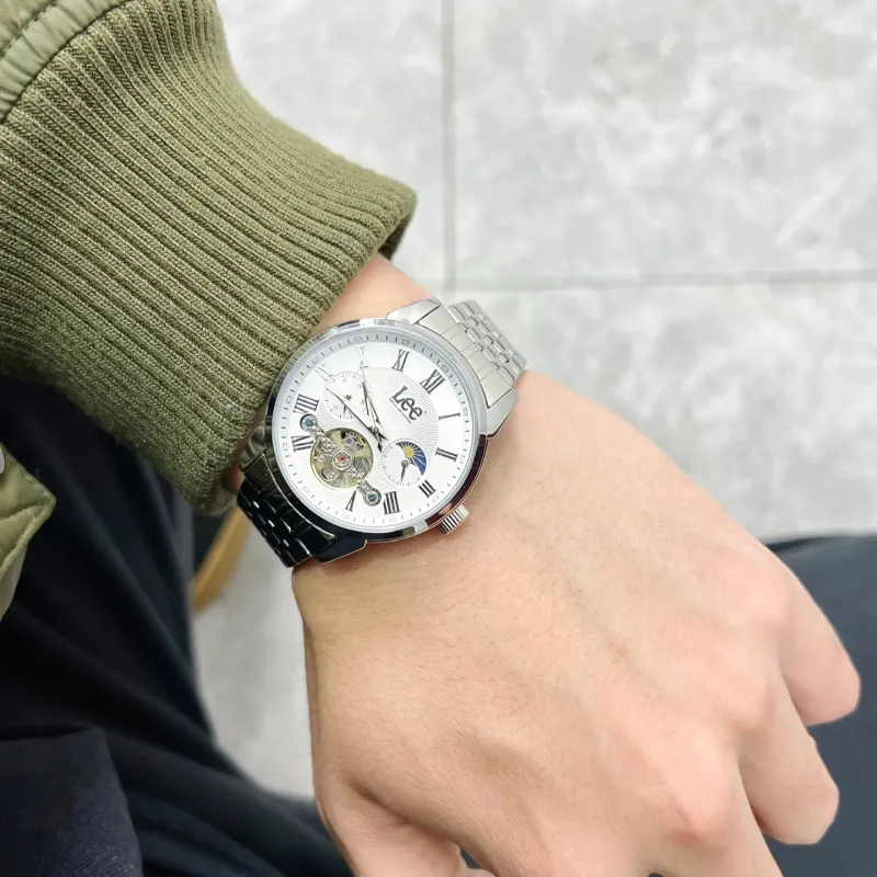 Lee Wrist Watch Automatic Mechanical Movement Steel Strap Black Dial Men's Watches Node Holiday Box-4