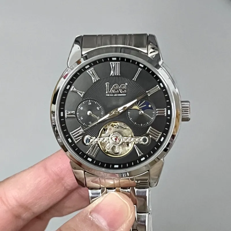 Lee Wrist Watch Automatic Mechanical Movement Steel Strap Black Dial Men's Watches Node Holiday Box-7