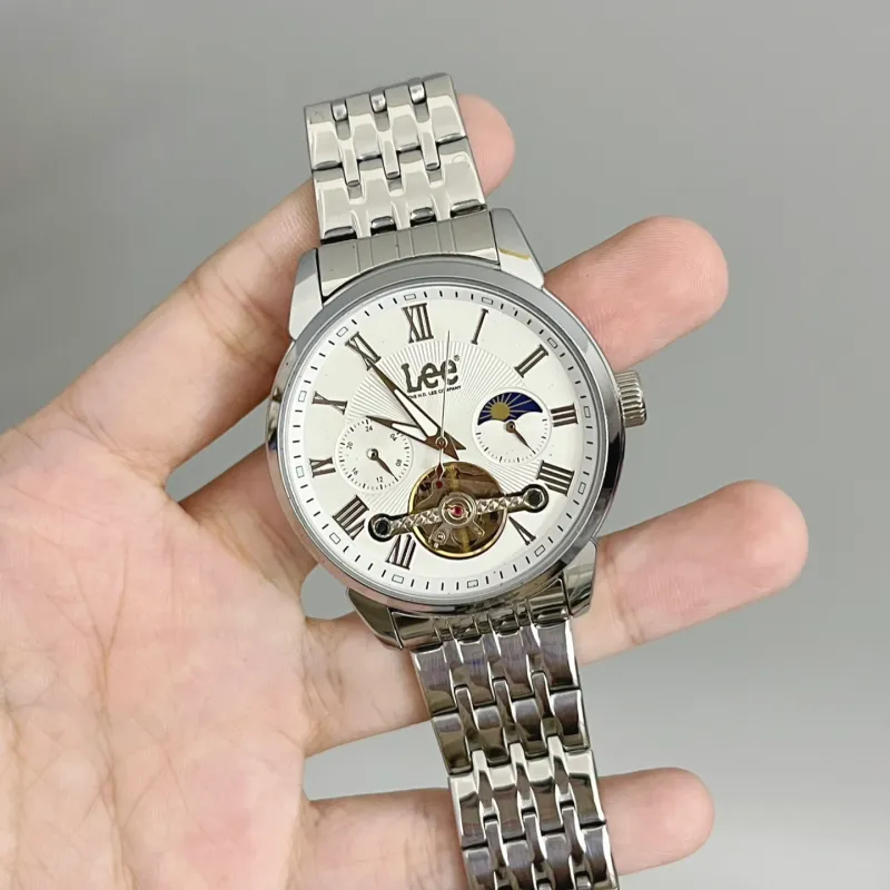 Lee Wrist Watch Automatic Mechanical Movement Steel Strap Black Dial Men's Watches Node Holiday Box-3