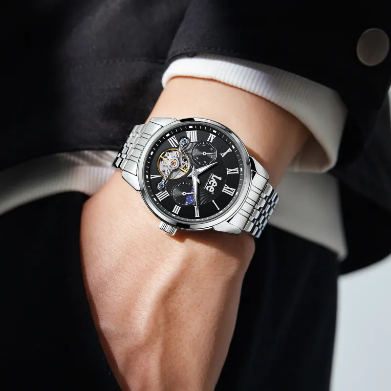 Lee Wrist Watch Automatic Mechanical Movement Steel Strap Black Dial Men's Watches Node Holiday Box-10