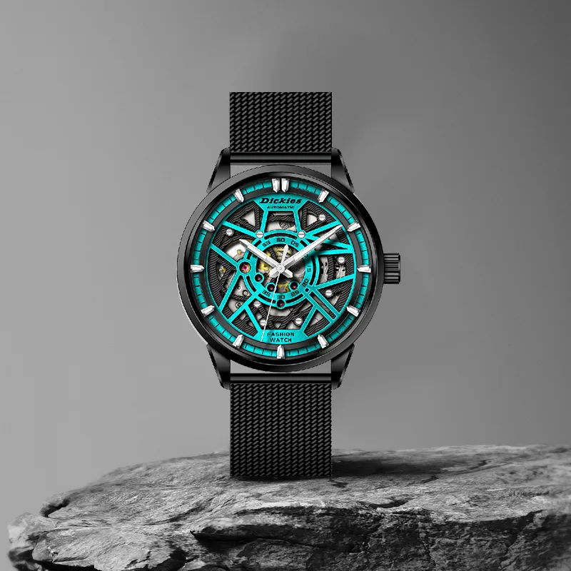 Dickies Wrist Watch Mechanical Movement Steel Strap Cut Out Dial Men's Watches-4