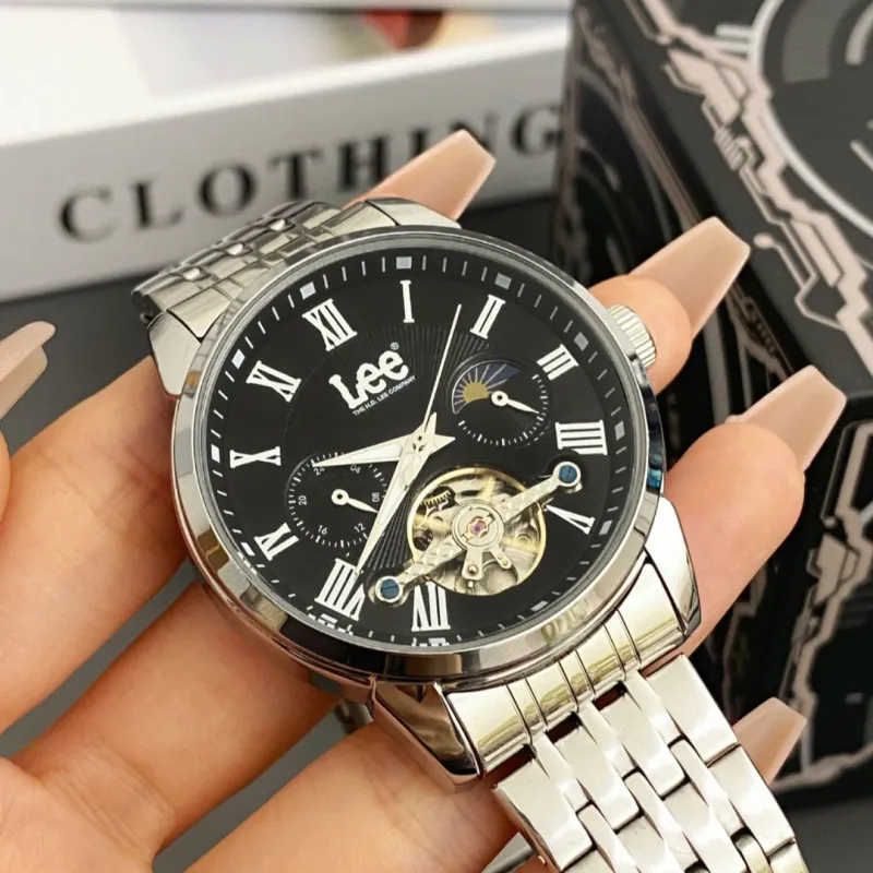 Lee Wrist Watch Automatic Mechanical Movement Steel Strap Black Dial Men's Watches Node Holiday Box-9