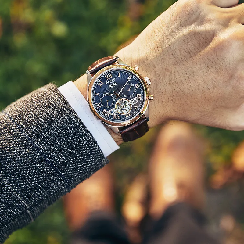 Bestdon Automatic Mechanical Movement Genuine Leather Strap Men's Watches Black Dial-4