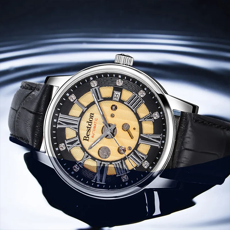 Bestdon Automatic Mechanical Movement Cowhide Strap Watch Men's Watches Gold Dial-1