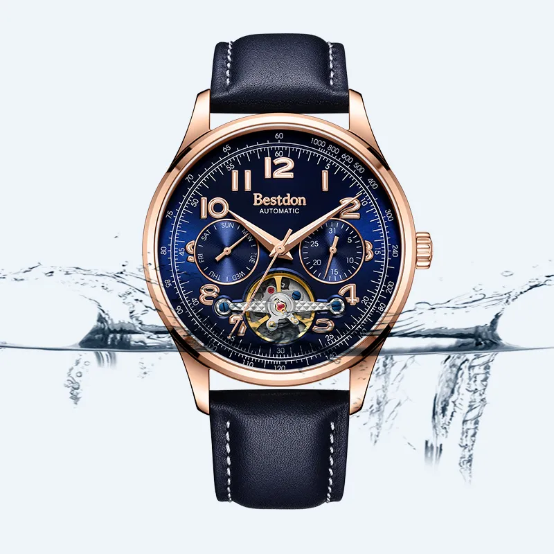 Bestdon Automatic Mechanical Movement Genuine Leather Strap Watch Men's Watches Blue Dial-3