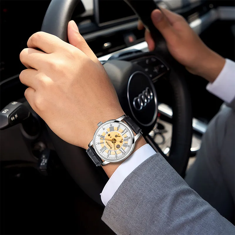 Bestdon Automatic Mechanical Movement Cowhide Strap Watch Men's Watches Gold Dial-6