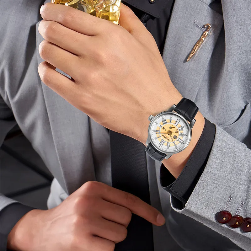 Bestdon Automatic Mechanical Movement Cowhide Strap Watch Men's Watches Gold Dial-7