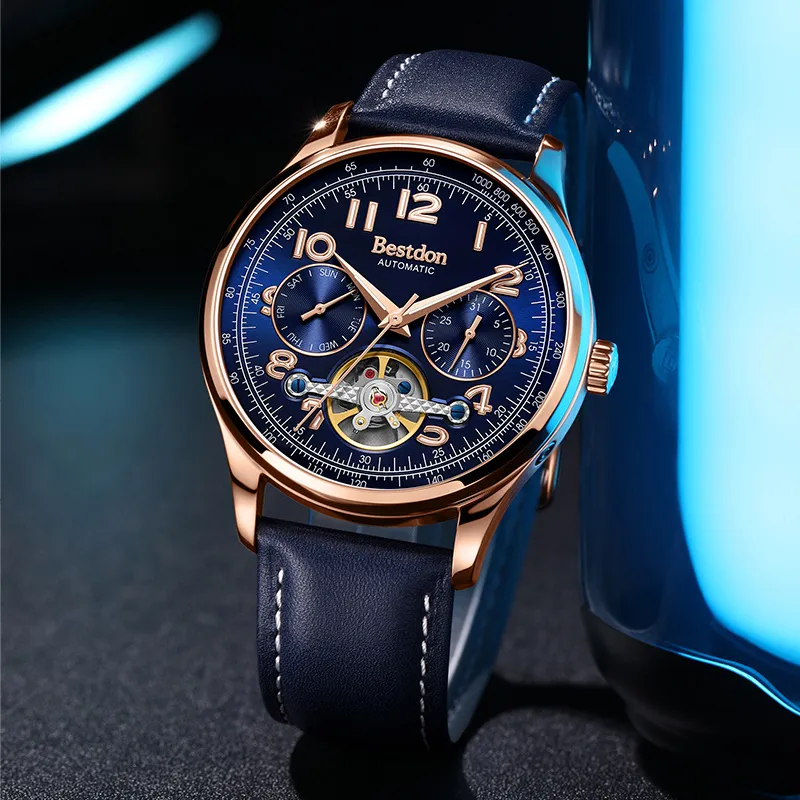Bestdon Automatic Mechanical Movement Genuine Leather Strap Watch Men's Watches Blue Dial-1