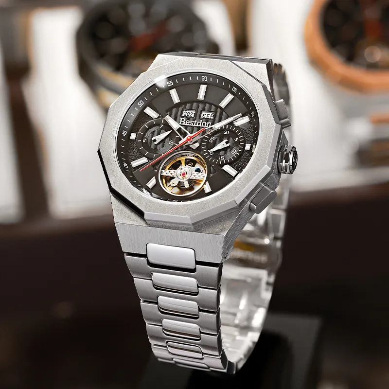 Bestdon Automatic Mechanical Movement Stainless Steel Watchband Men's Watches Black Dial-5