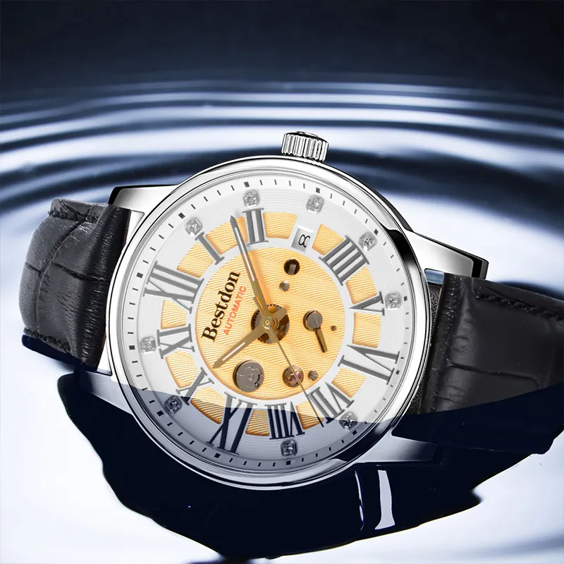 Bestdon Automatic Mechanical Movement Cowhide Strap Watch Men's Watches Gold Dial-5