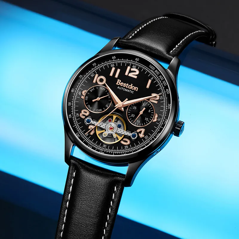 Bestdon Automatic Mechanical Movement Genuine Leather Strap Watch Men's Watches Blue Dial-5