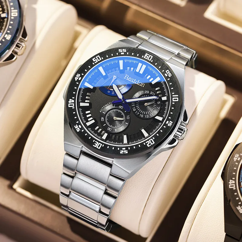 Bestdon Automatic Mechanical Movement Stainless Steel Watchband Men's Watches Blue Dial-5