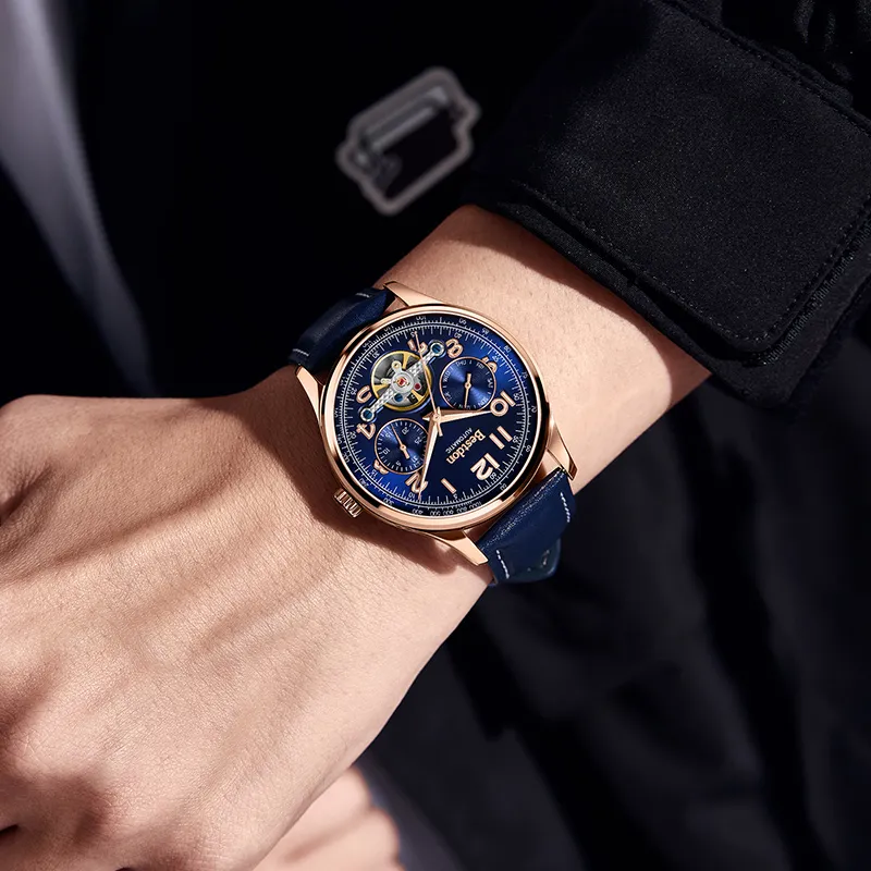 Bestdon Automatic Mechanical Movement Genuine Leather Strap Watch Men's Watches Blue Dial-2