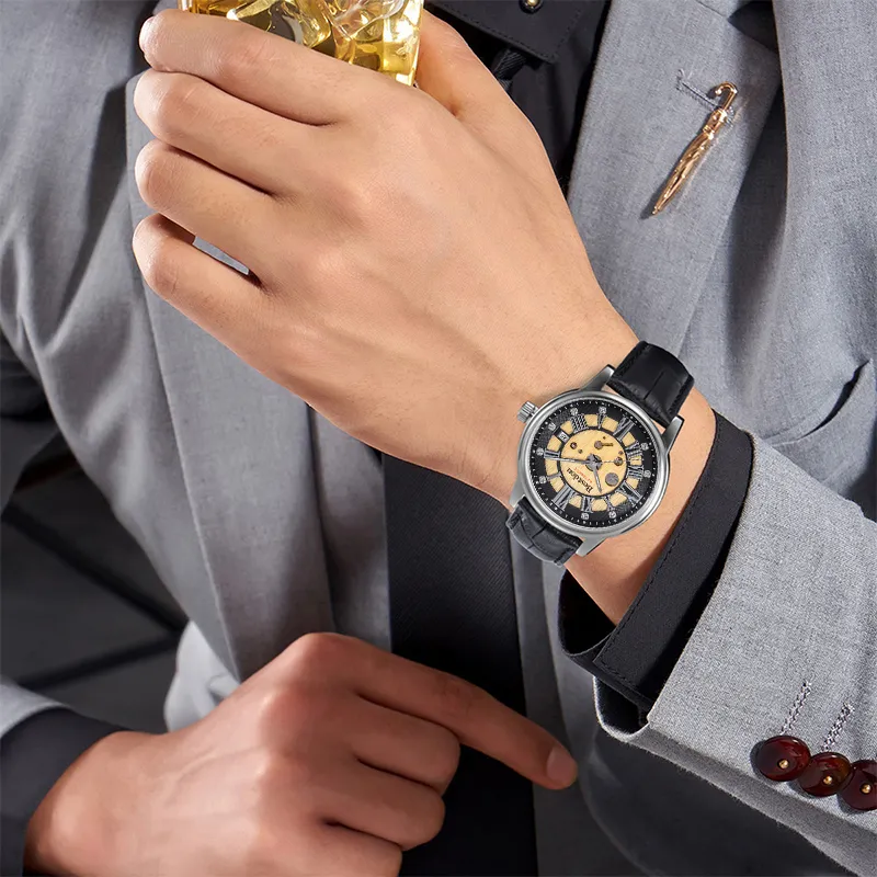 Bestdon Automatic Mechanical Movement Cowhide Strap Watch Men's Watches Gold Dial-3