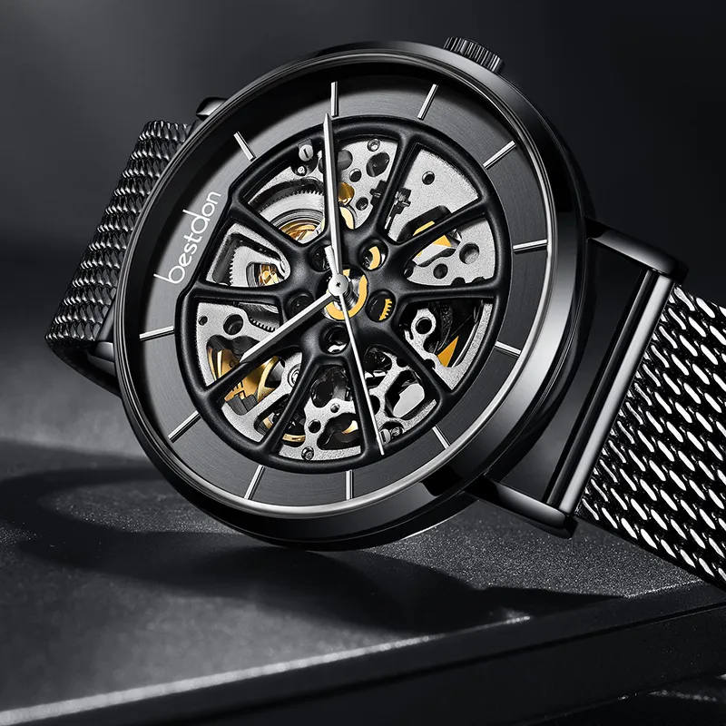 Bestdon Automatic Mechanical Movement Stainless Steel Watchband Watch Men's Watches Black Dial-2